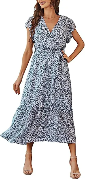 Women's Summer Floral Dress V Neck Short Sleeve Maxi Dress Flowy Ruffle Dress Trendy Chiffon Wedding Guest Dress
